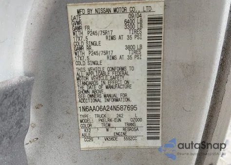 2004 Nissan Titan Xe z USA, uszkodzony, nr VIN 1N6AA06A24N587695